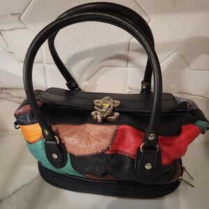 80sVintage colorblock Patchwork Leather Handbag Multi Color‎ Handle Lock Closure